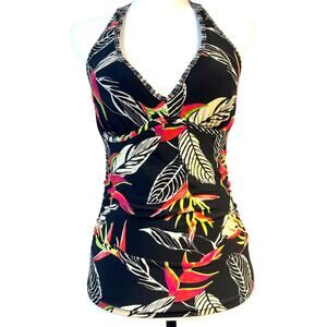 Athleta Hana Halter Tankini Ruched Swim Bathing Top Women 34 B/C  Black Tan Red